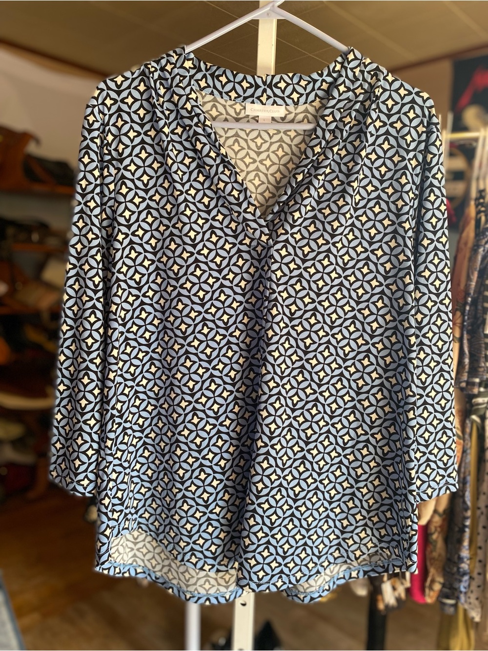Charter Club Blue & White Geometric V-Neck Blouse